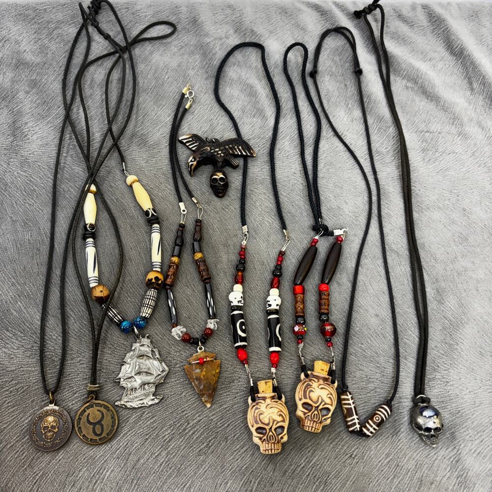 Necklace Lot Handmade Bohemian Tribal Style Black Cords Beads Pendants Skulls